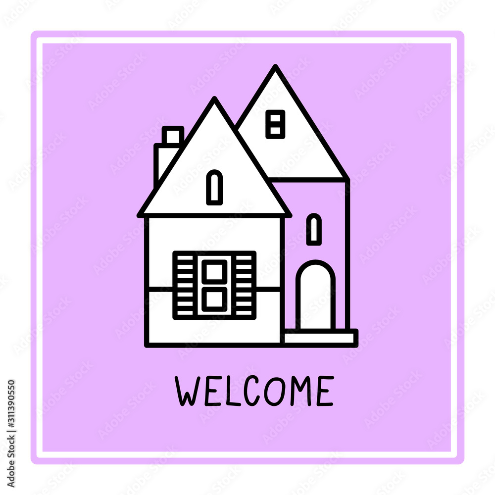 Vector creative illustration of small city house with roof and window in frame on color background with text. Vector creative illustration of small city house with roof and window in frame on color background with text.