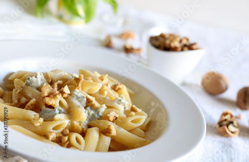 Il concetto di cibo italiano. Primo piano della pasta del penne con gorgonzola formaggio e le noci sul piatto bianco