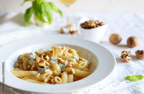 Il concetto di cibo italiano. Primo piano della pasta del penne con gorgonzola formaggio e le noci sul piatto bianco photo