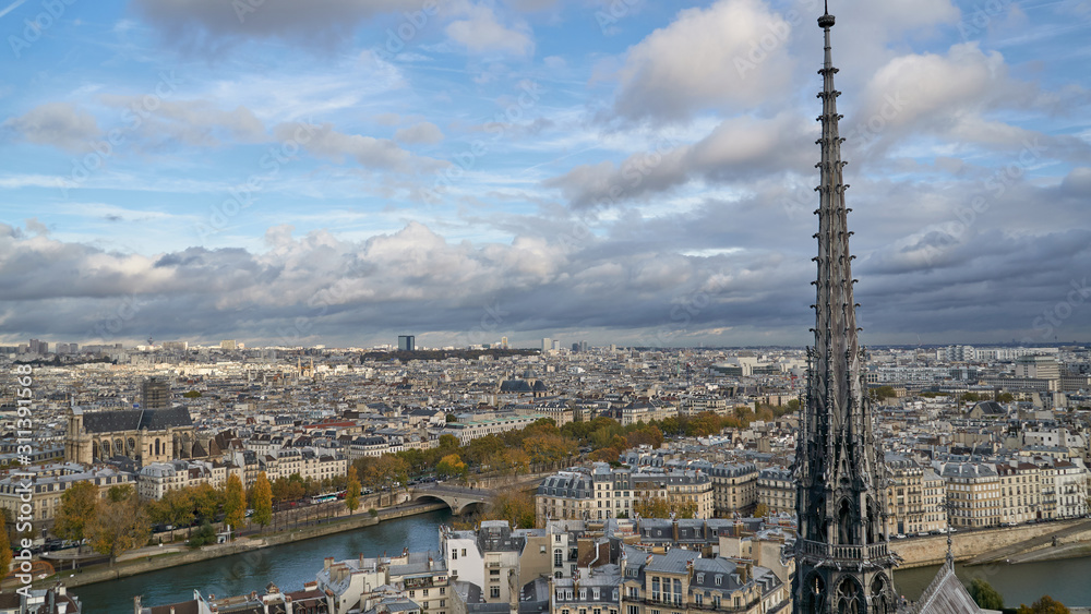Panoramic view to the Paris and river Seine from the roof of Notre Dame cathedral, France. Cloudy weather. Autumn.      