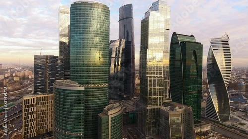 The urban landscape of Moscow. The aerial view of the capital of Russia. Moscow-City. 4K