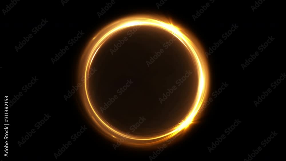 Abstract rotating neon circle in gold color. Luminous ring. Space tunnel. LED color ellipse. Seamless loop 4k 3d render. Empty hole. Glow portal. Hot ball. flickering spin.