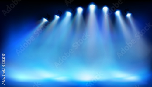 Stage platform illuminated by spotlights. Place for the exhibition. Blue background. Abstract vector illustration.