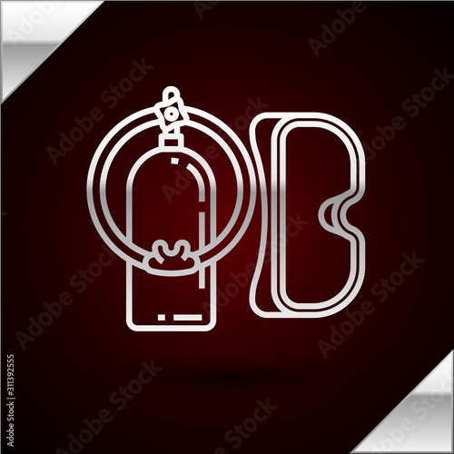 Silver line Diving mask and aqualung icon isolated on dark red background. Oxygen tank for diver. Extreme sport. Sport equipment. Vector Illustration