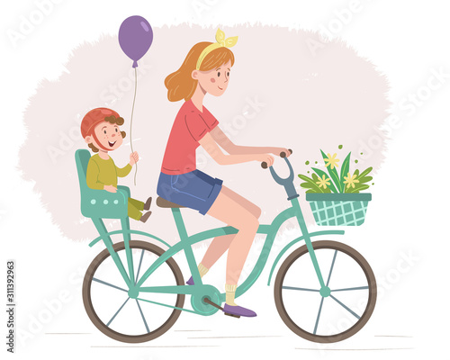 Mother is riding a bicycle with a child in the bicycle chair. Basket with flowers. Vector illustration.