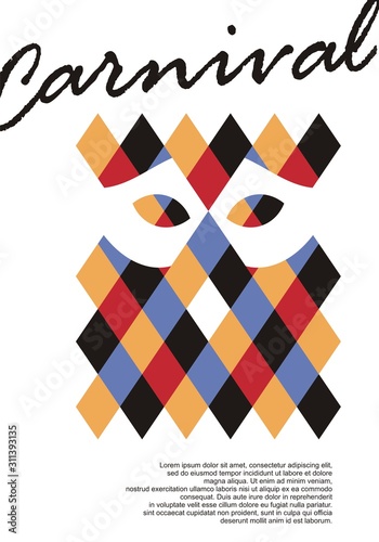 Carnival poster design with harlequin geometric  pattern and mask in negative space. Masquerade festival party vector flyer with colorful rhombus template isolated on white background.  