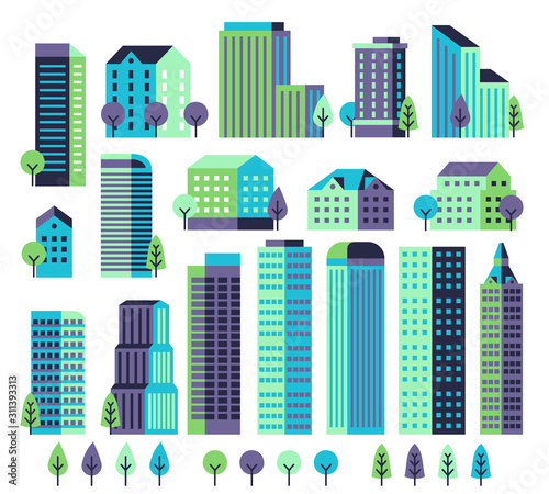 Minimal buildings. Buildings and skyscrapers, commercial offices for modern architectural landscape with trees. City vector constructor