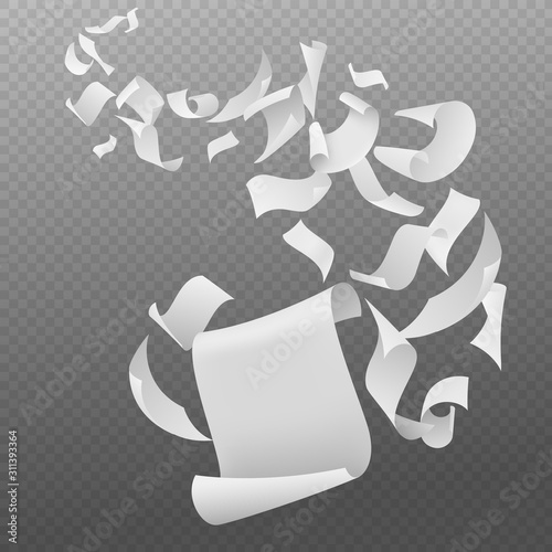 Flying papers. White blank sheets paper with bent corners, chaotic falling and flying empty scattered pages, realistic vector concept