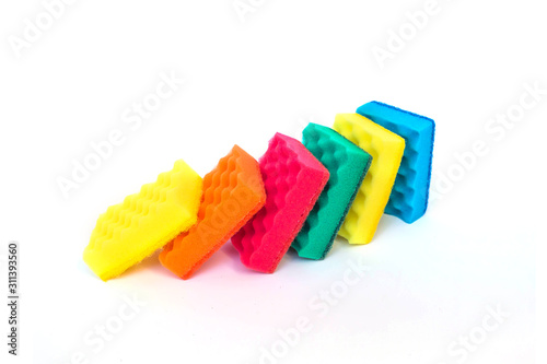 Colorful foam rubber sponges for dishwashing isolated on a white background