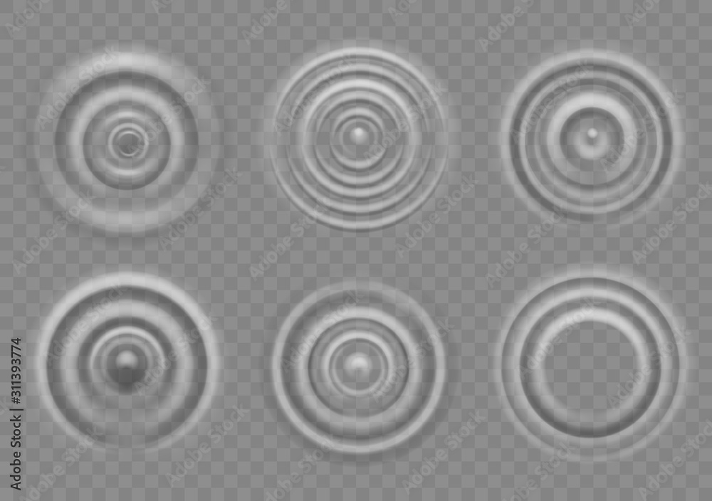 Ripple on water surface. Splash water impact top view, circle water ripples, liquid swirl effect with circular waves vector texture