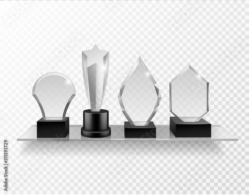 Glass award on shelf. Realistic different champion prizes on glass shelving, winner trophy shiny glass awards, sport achievement vector set