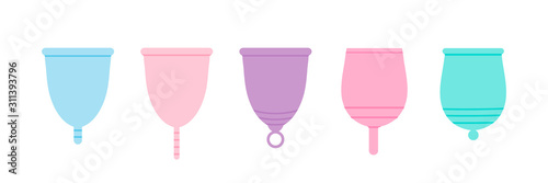 Set, collection of colorful vector menstrual cups for zero waste periods design. photo