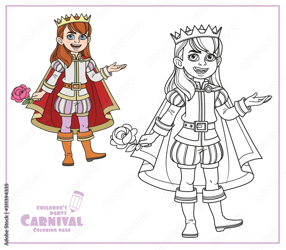 Cute boy in a prince suit color and outlined for coloring page