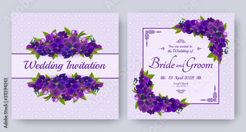 Wedding invitation with flowers of realistic purple viola on patterned background. Floral vector square card set for bridal shower, save the date and marriage celebration. Spring template
