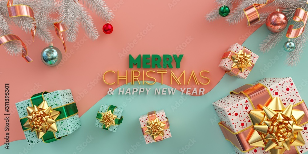 Merry Christmas Illustration flat lay with golden gifts and multicolored balls on pink and blue background 3d render