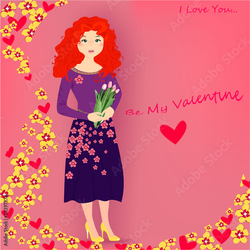 Be my Valentine banner with cute girl with tulips, hearts, flowers on a pink background design