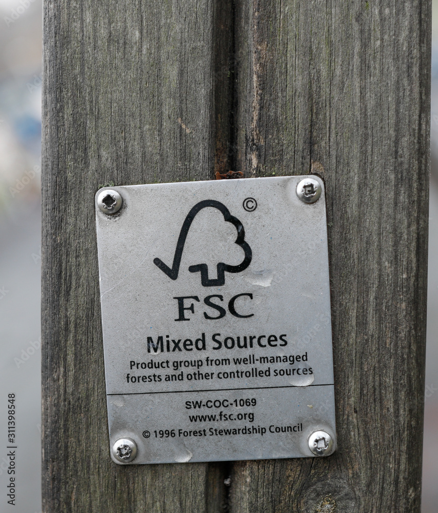 etails of a FSC (Forest Stewardship Council) logo tag on a piece of ...
