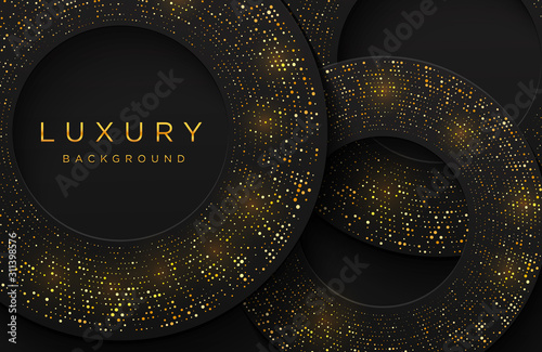 Luxury elegant 3d shape background with shimmering gold dotted pattern isolated on black. Abstract realistic papercut background. Elegant template