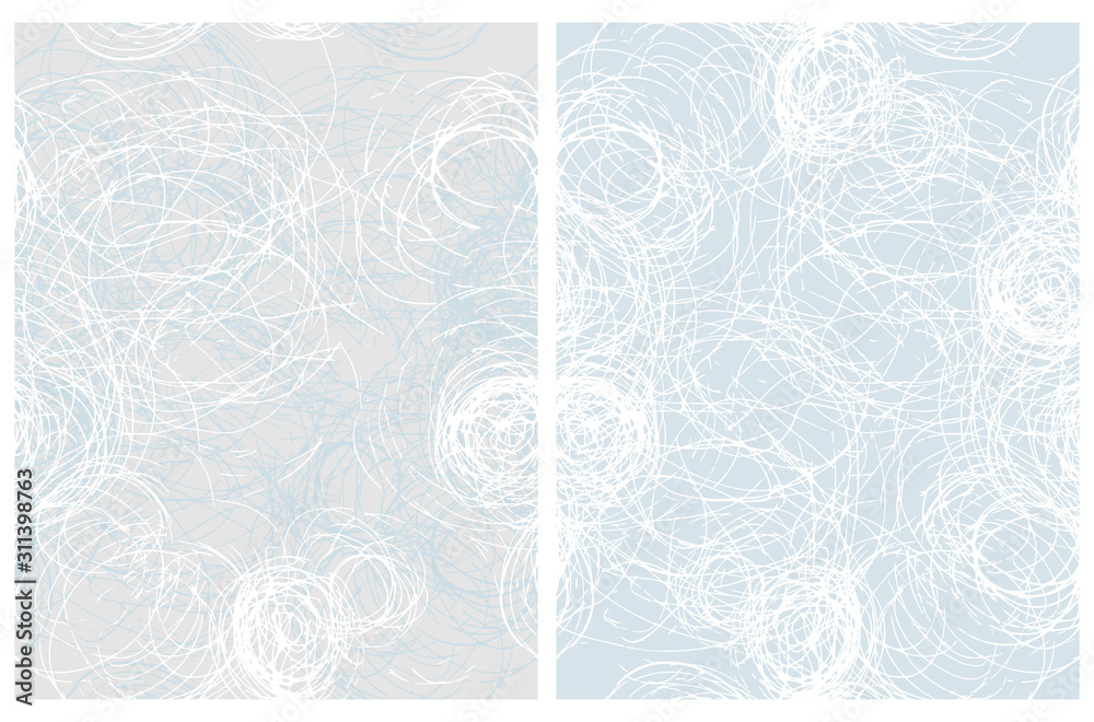 Set of 2 Abstract Geometric Patterns. Irregular Hand Drawn Scribbles on Light Gray and Light Blue Background. Funny Simple Creative Design. Infantile Style Messy Freehand Lines Print.