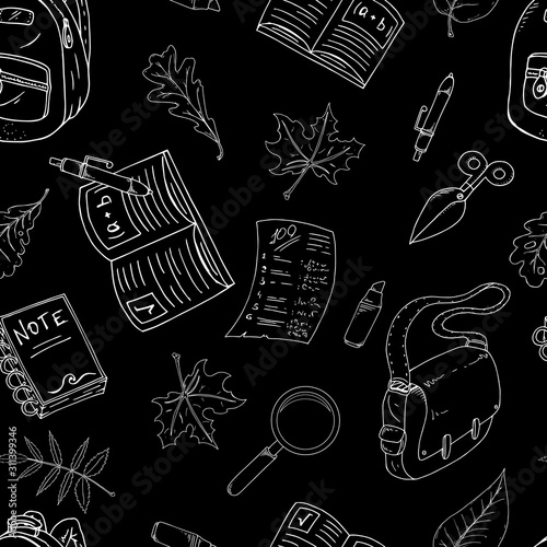 Seamless pattern on a school theme. Vector illustration background on a school theme. Hand drawn pen, ruler, school bag, pencil.