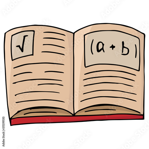Notebook with formulas. Vector illustration open textbook, a book with mathematical formulas. Hand drawn notebook in mathematics, algebra. Textbook on mathematics.