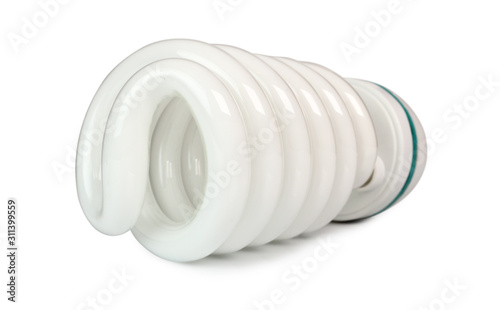 Photo Fluorescent Daylight Energy Saving Light Bulb Spiral 5500K. Isolated with clipping path.