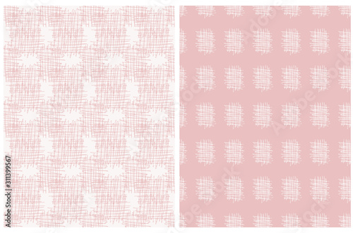 Set of 2 Hand Drawn Abstract Geometric Patterns. Funny Scribbles on a Off-White and Light Pink Background. Cute and Simple Grid Vector Design. Infantile Style Messy Freehand Gingham Print.