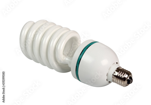 Photo Fluorescent Daylight Energy Saving Light Bulb Spiral 5500K. Isolated with clipping path.