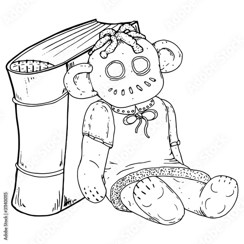 Book and the doll. Vector illustration of a book of fairy tales with a doll. Ragdoll.