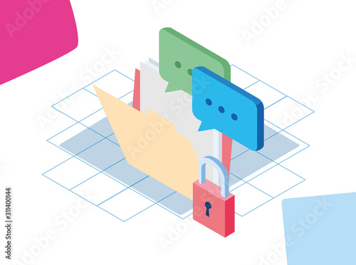 folder and speech bubbles and padlock, colorful design
