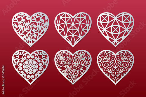 Laser cut hearts set with lace pattern. Templates for interior design, layouts wedding cards, invitations, Valentine's Day cards. Vector floral hearts.