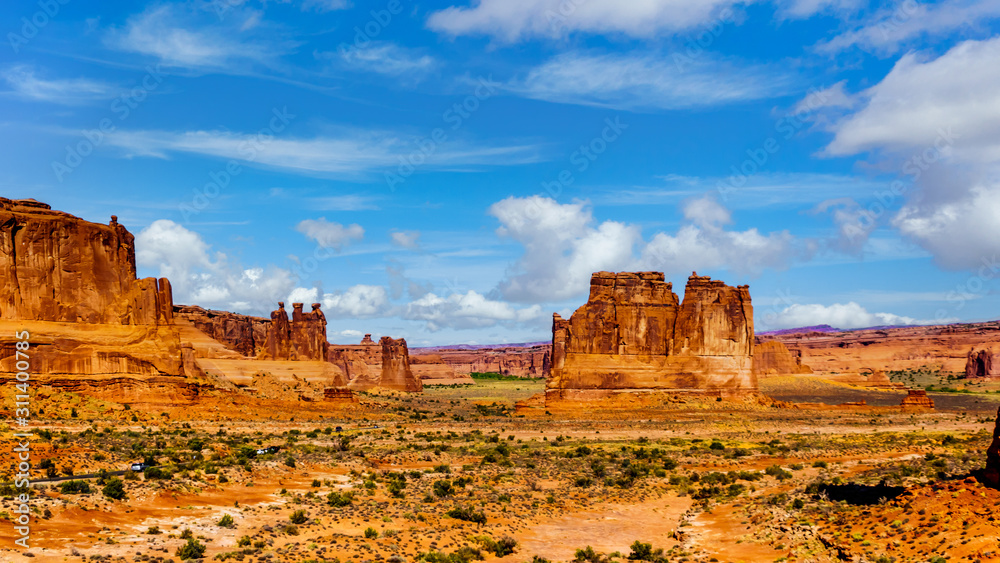 The Organ, the Three Gossips and other Sandstone Formations along the Arches Scenic Drive in Arches National Park near Moab, Utah, United States
