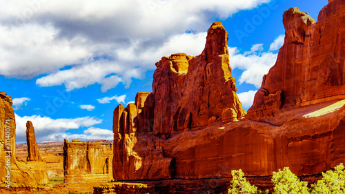 Sandstone Hoodoos, Pinnacles and Rock Fins at the Park Avenue valley in Arches National Park near Moab, Utah, United States