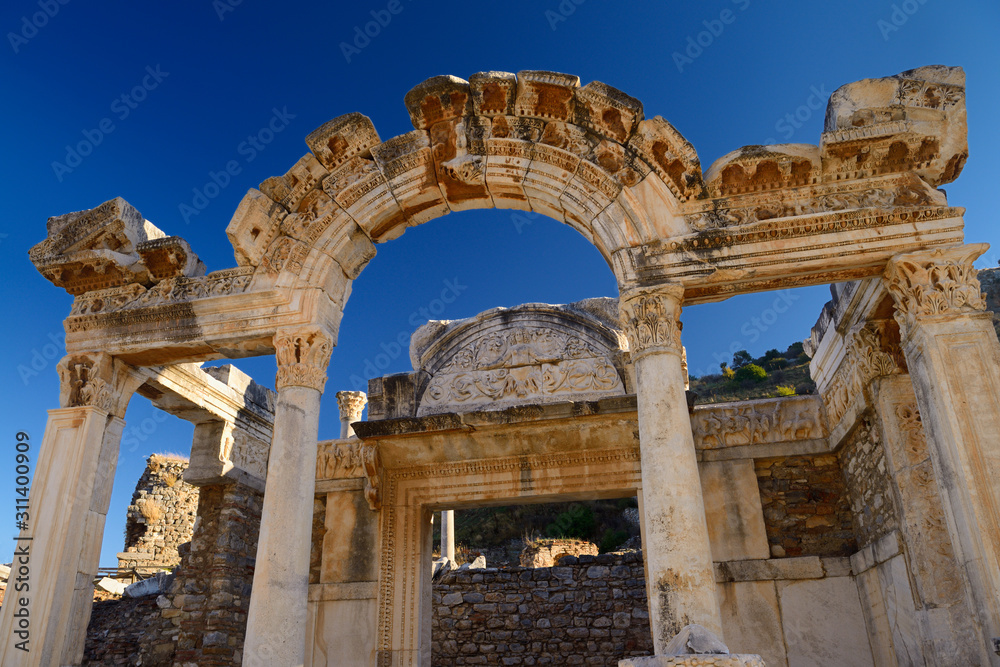 Ornate stone archway of the Temple of Hadrian in the ancient city of Ephesus Turkey Ornate stone archway of the Temple of Hadrian in the ancient city of Ephesus Turkey
