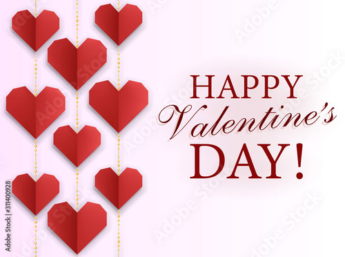 Happy Valentine's Day. Valentine's day vector banner with garlands of paper hearts on gold chains.