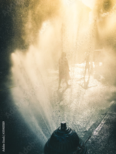 A Fire Hydrant spraying on people on a hot day in new york city