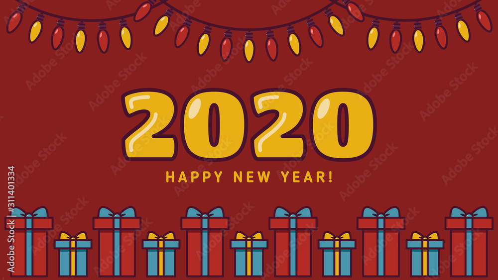 Happy new year 2020 background with a gift boxes and garland. vector illustration