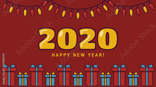 Obraz na płótnie Happy new year 2020 background with a gift boxes and garland. vector illustration w salonie