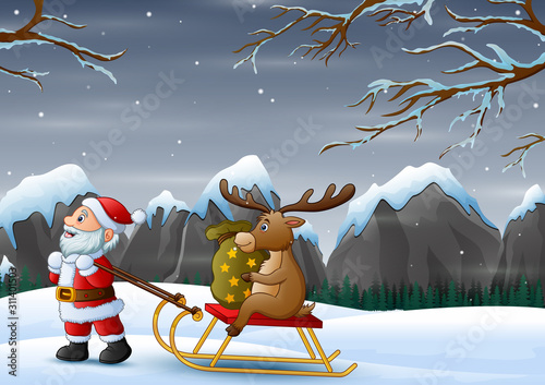 Christmas night with santa claus pulling reindeer on a sleigh with sack of gifts