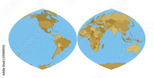 World Map. Quartic authalic projection interrupted into two hemispheres. Map of the world with meridians on blue background. Vector illustration.