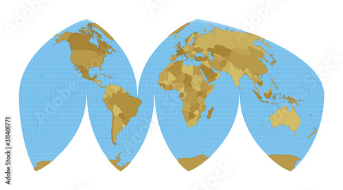 World Map. Boggs' interrupted eumorphic projection. Map of the world with meridians on blue background. Vector illustration.