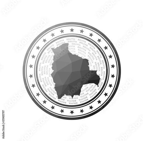 Flat low poly stamp of Bolivia. Polygonal Bolivia badge. Trendy vector logo of the country.