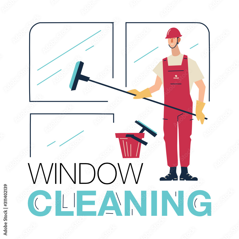 Skyscraper Cleaning Service Vector. Man With Bucket Of Water And Scraper. Professional Worker Cleaning Windows. Isolated On White Cartoon Character Illustration.