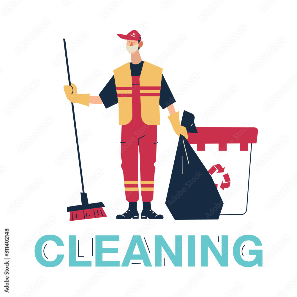 Man Collector Cleaning Trash from Rubbish Bin Container with Recycle Sign Landing Page. Garbage Removal.  Man  dressed in uniform on isolated background. Cartoon Flat Vector Illustration
