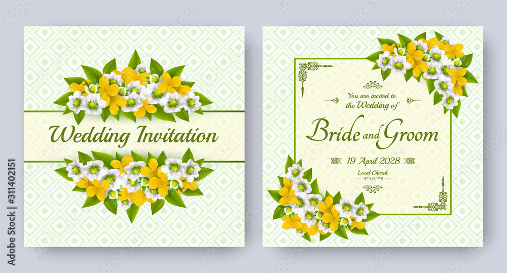 Wedding invitation with flowers of yellow celandine and white buds on green patterned background. Floral vector card set for bridal shower, save the date, marriage celebration, spring template