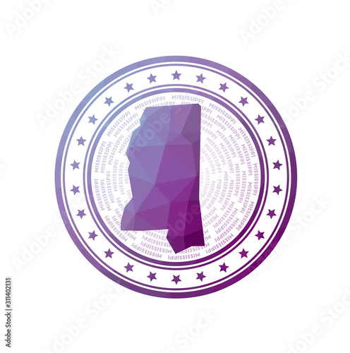 Flat low poly stamp of Mississippi. Polygonal Mississippi badge. Trendy vector logo of the US state.