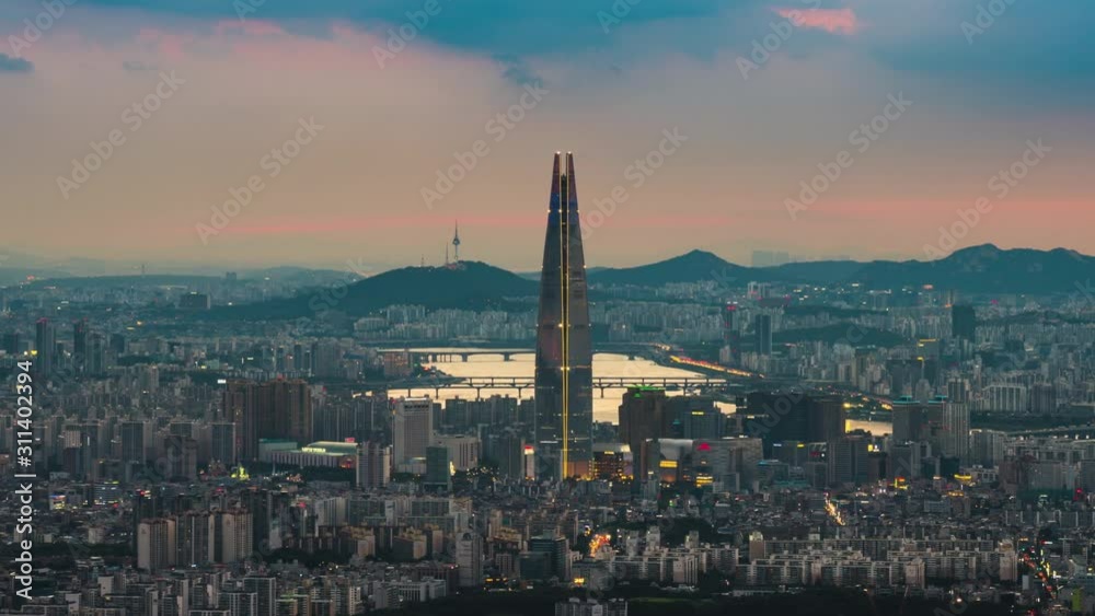 Time lapse of South Korea skyline at Seoul, The best view of South Korea with Lotte world mall at Namhansanseong Fortress. Time lapse of South Korea skyline at Seoul, The best view of South Korea with Lotte world mall at Namhansanseong Fortress.