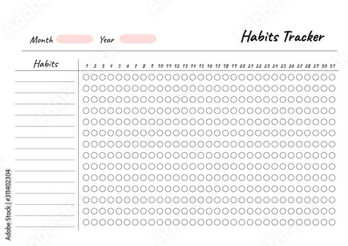 Habits Tracker printable template Vector. Blank white notebook page A4