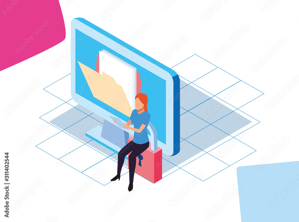 avatar woman sitting on padlock and big computer screen avatar woman sitting on padlock and big computer screen