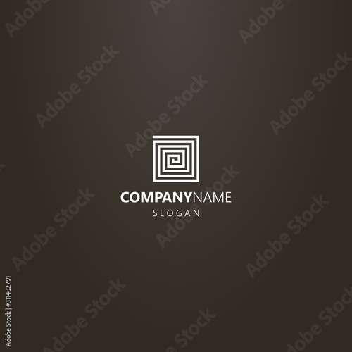 white logo on a black background. simple line art geometric vector single line logo of square spiral